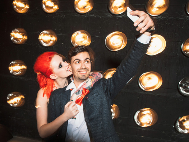 Happy couple nightclub party selfie concept - Фото, изображение