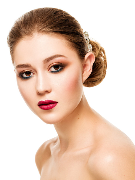 Portrait of the beautiful young girl with red lips and evening m - Фото, изображение