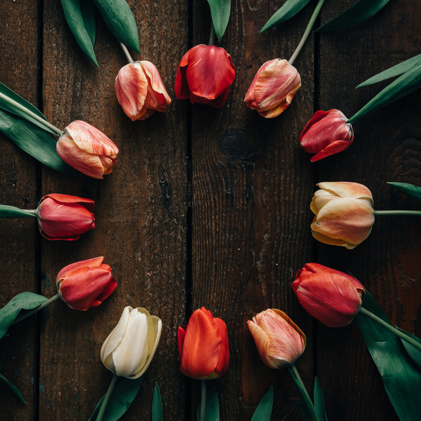 Tulips on wooden background - Photo, Image