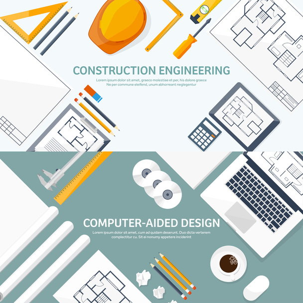 Vector illustration. Engineering and architecture. Notebook, computer . Drawing, construction.  Architectural project. Design, sketching. Workspace with tools. Planning, building. - Vector, Image