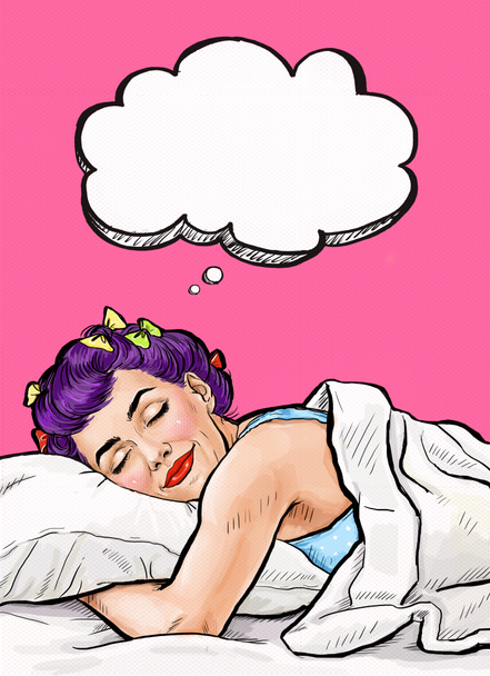 Hermosa chica duerme en el dormitorio.Pop Art girl. Cartel publicitario. Mujer del cómic. Antecedentes del arte pop. ensueño, atractiva, mañana, acostada en la cama, mujer descansando, descansando, tierna, arte, pop, cara, pensamiento
, - Foto, Imagen