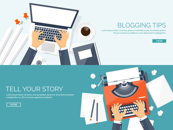 Vector illustration.  Flat typewriter.Laptop with hands. Tell your story. Author. Blogging. - Vector, Image
