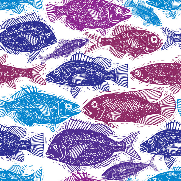 pattern with different fishes silhouettes. - Вектор,изображение
