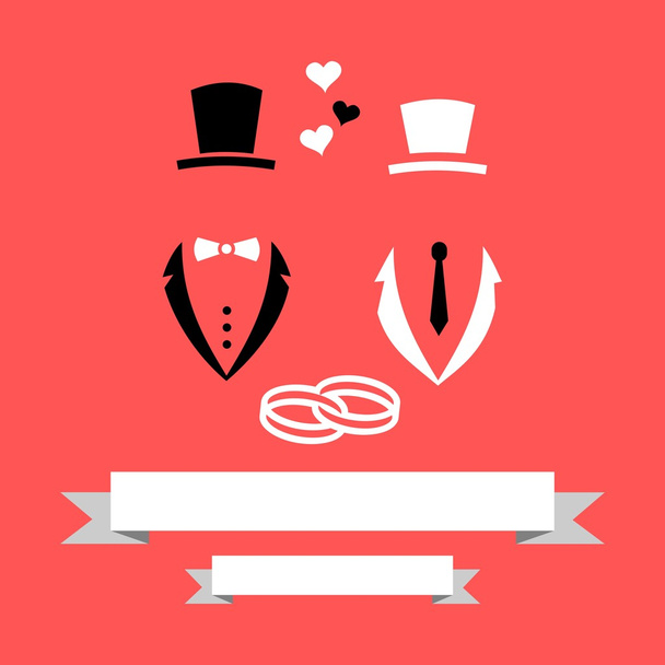 Homoseksuele Gay huwelijk bruidegom en bruidegom huwelijk uitnodigingskaart met Banner & ringen Flat moderne Vector - Vector, afbeelding