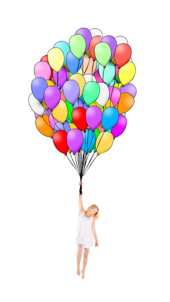 Menina em vestido branco voando com balões
 - Foto, Imagem