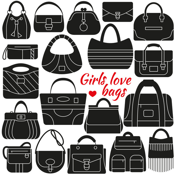 Set of silhouette icon. Different women bags. Simple design. Vector illustration - Vector, Image