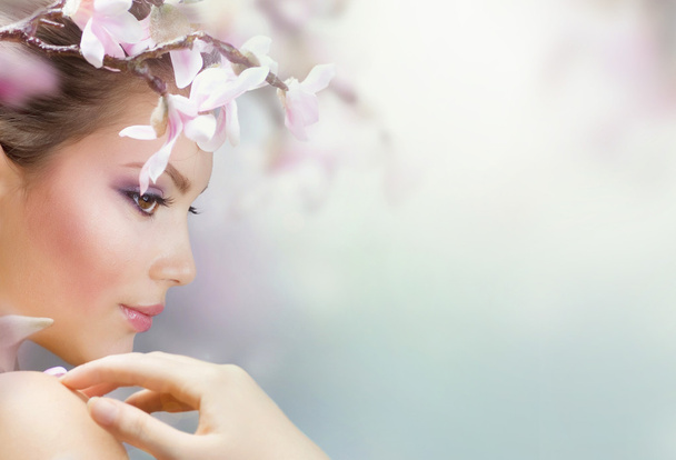 Beautiful Girl With Spring Flowers. Fresh Skin - Photo, Image