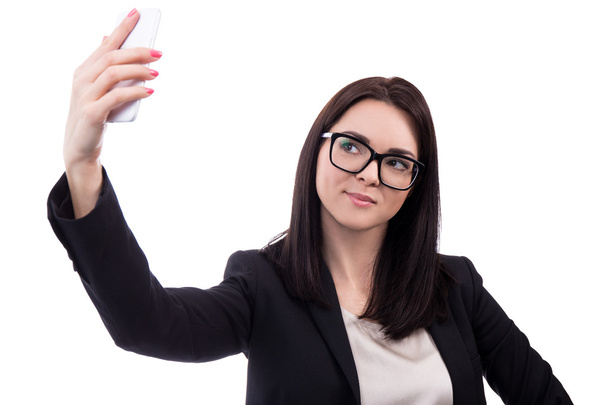 mujer de negocios joven selfie foto con teléfono inteligente aisla - Foto, imagen