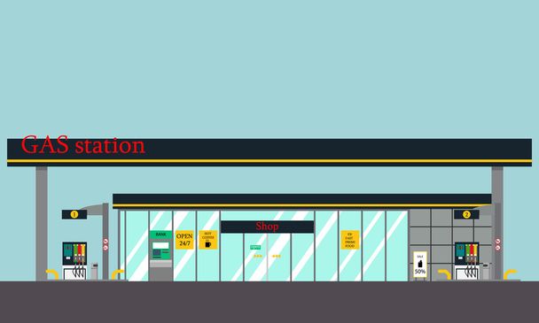 Vue sur le bâtiment des stations-service avec un magasin et un distributeur automatique de billets. Illustration vectorielle
 - Vecteur, image