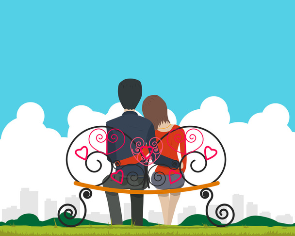 Para siedzi na ławce w parku i podziwiać krajobraz miasta na Walentynki. Ilustracja wektorowa - Wektor, obraz