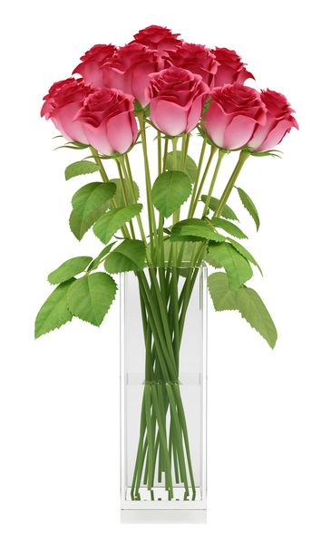 白い背景で隔離のガラス花瓶の赤いバラ。3 d 在住 - 写真・画像
