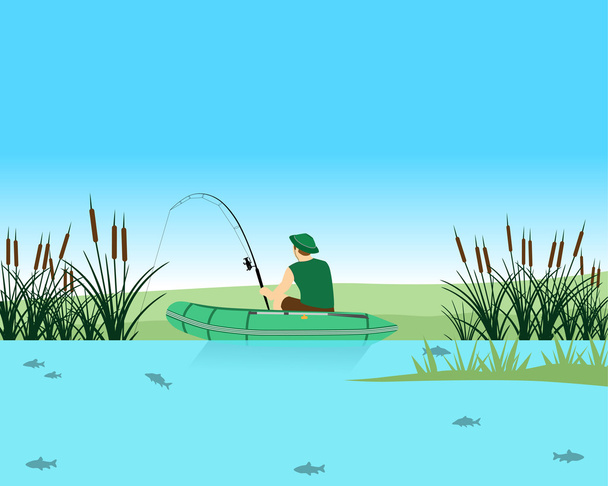 Fisherman catches a fish in the lake on the Spinning. Vector illustration - Vector, Image