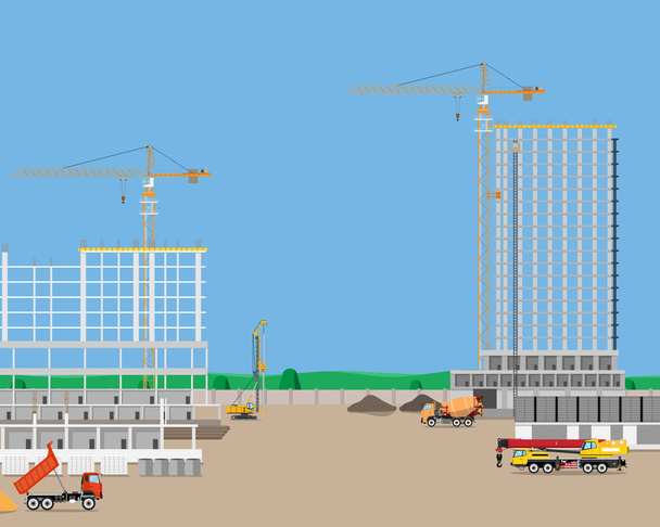 Maquinaria pesada en un edificio de construcción edificio de gran altura. Grúas industriales. Ilustración vectorial
 - Vector, imagen