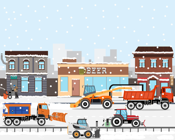 Ciężki sprzęt oczyszcza drogi w czasie burzy śnieg w mieście. Do usuwania śniegu. Roboty drogowe. Ilustracja wektorowa - Wektor, obraz