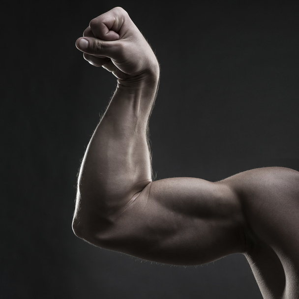 Handsome muscular bodybuilder posing on gray background. Low key studio shot - Zdjęcie, obraz