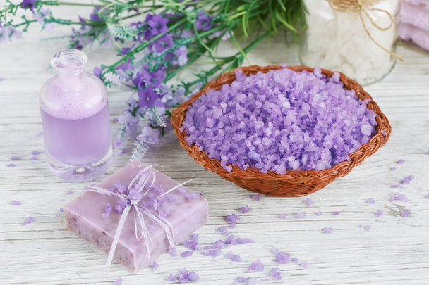 Natural handmade soap, sea salt and towel - Foto, imagen
