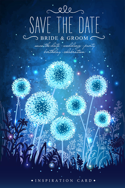 Amazing dandelions with magical lights of fireflies at night sky background. Inspiration card for wedding, date, birthday, holiday or garden party. Save the Date - Vector, Image