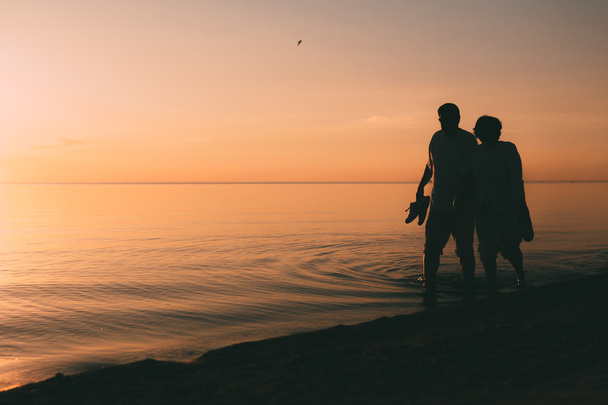 Silhouette of adult couple walks on the seashore against a sunset. - Фото, зображення