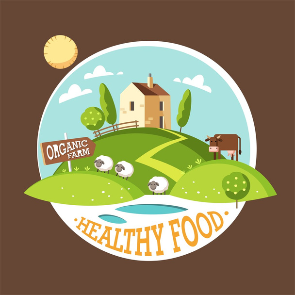 Spring and summer landscape, farm landscape, rural scenery. Organic farm. Healthy food. Vector illustration. - Vector, Image