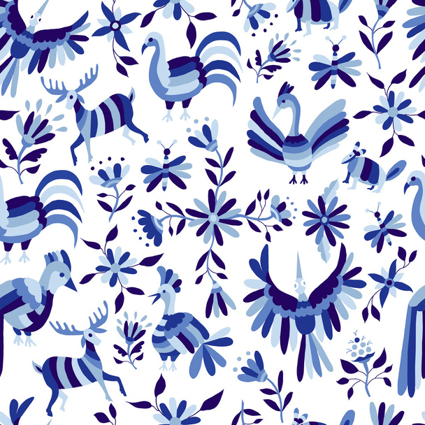 Pattern of animal and flower in blue indigo color - Vettoriali, immagini