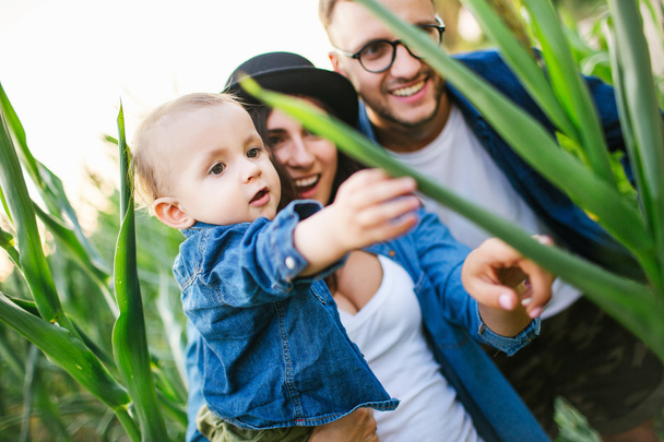 Young hipster family with cute baby in cornfield smiling - Fotoğraf, Görsel