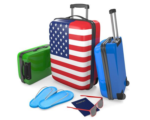 Ταξιδιωτικά είδη στις αποσκευές και αξεσουάρ για διακοπές προς ή από τις Ηνωμένες Πολιτείες, 3d rendering - Φωτογραφία, εικόνα