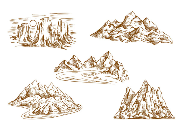 Mountain landscapes retro sketch icons - Vector, Image