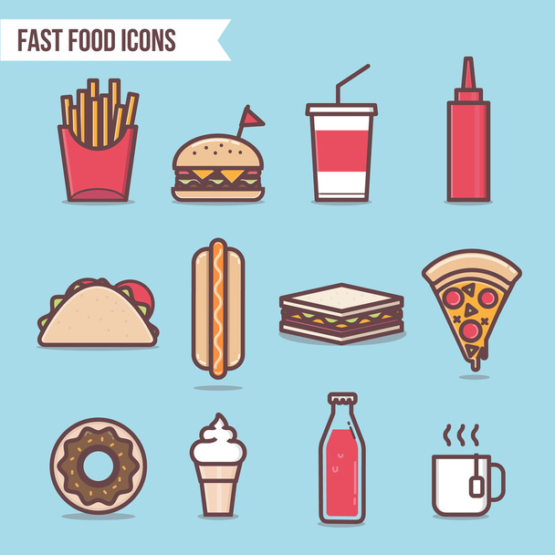 фаст-фуд плоские элементы дизайна и иконки установить вектор. Пицца, хот-дог, гамбургер, тако, мороженое, кола и пончик
 - Вектор,изображение