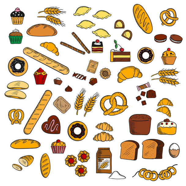 Bakkerij, gebak, suikerwerk producten schetsen - Vector, afbeelding