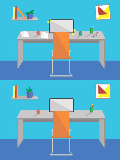 Плоский дизайн интерьера до и после очистки. Концепция рабочего места с компьютером, ноутбуком, полкой, книгами и чашкой кофе на фоне синей стены
 - Вектор,изображение