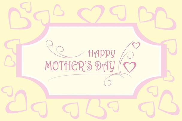 Ευχετήρια κάρτα Happy της μητέρας ημέρα. Ροζ δακτυλογράφησης σε ανοιχτόχρωμο φόντο, καρδιές σε ανοιχτό κίτρινο, διακοσμητικά - Διάνυσμα, εικόνα