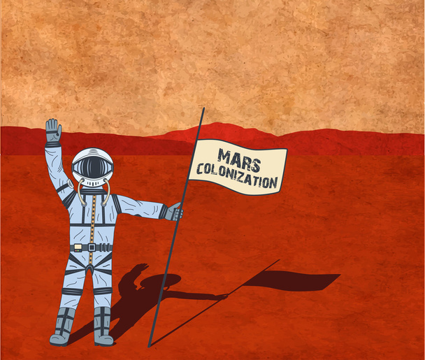 Marskolonisierung. Astronaut auf dem Planeten - Vektor, Bild
