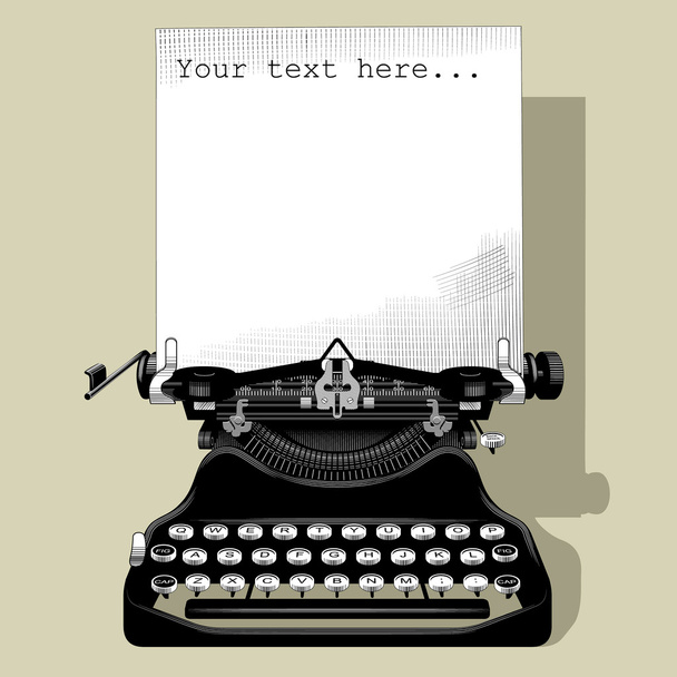 Drawing of old typewriter with a paper in black and white vintage engraving style - Vector, Imagen