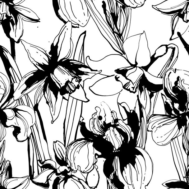Floral flower narcissus and iris seamless hand drawn pattern. Bl - Vektor, Bild