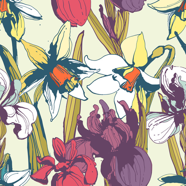 Floral flower narcissus iris seamless hand drawn pattern.Colore - Vector, afbeelding