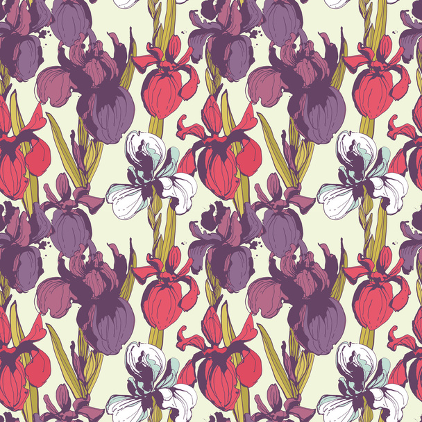 Floral flower iris seamless hand drawn pattern.Colored ink splat - Vector, Image