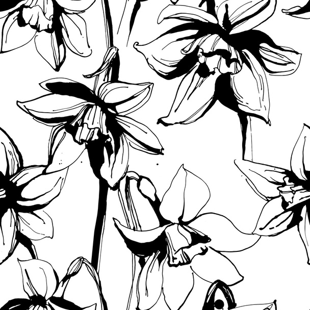 Floral flower narcissus seamless hand drawn pattern. Black and w - Vector, imagen