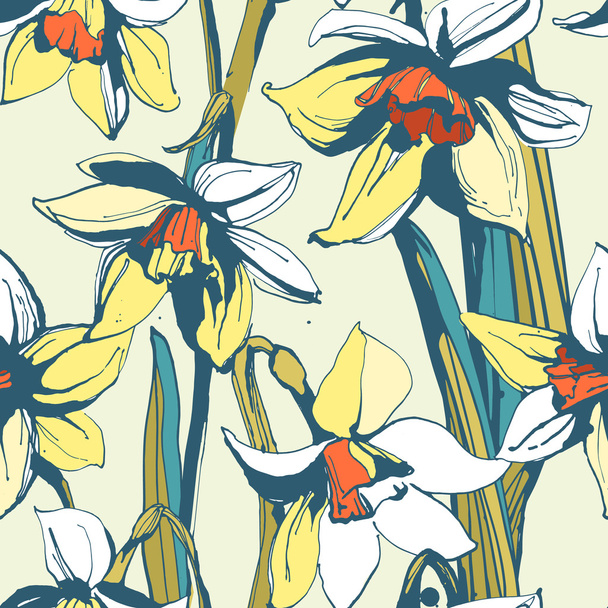  Floral flower narcissus seamless hand drawn pattern.Colored ink - Vector, Image