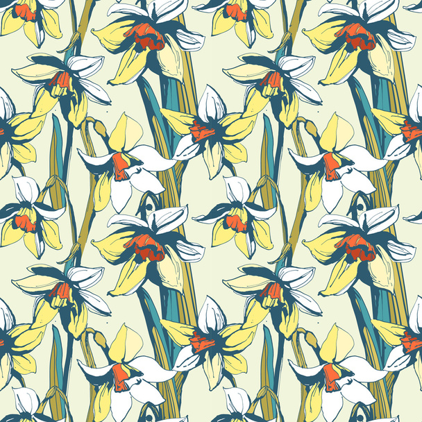  Floral flower narcissus seamless hand drawn pattern.Colored ink - Vector, afbeelding