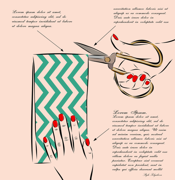 концепция в стиле ретро - держание ножниц и разрезание скрапбукинга бумаги
 - Фото, изображение