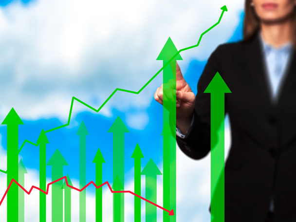 Értékesítési növekedés grafikonon - érint gomb nyomja a kezét üzletasszony - Fotó, kép