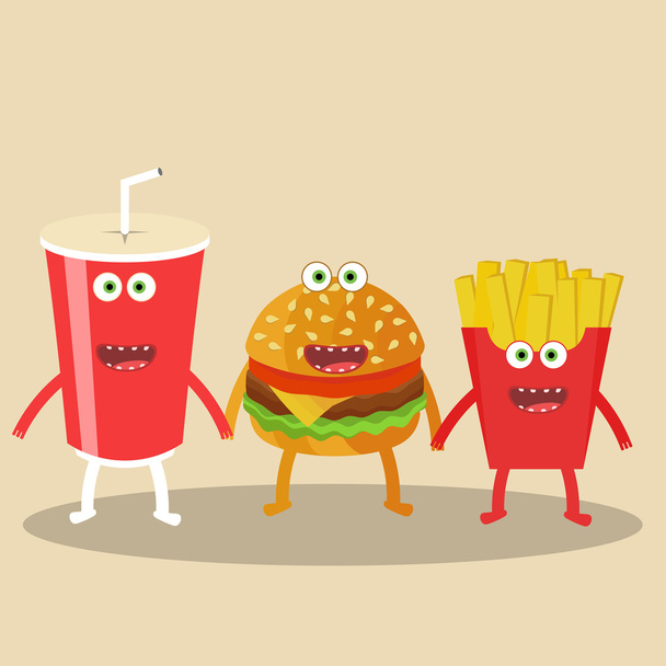 Cartoon icons of Hamburger, Cola and French fries.  - Vector, Image