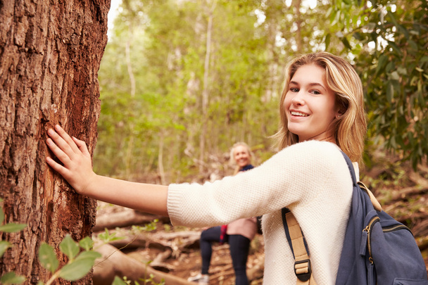 Girl touching tree in forest - Foto, imagen