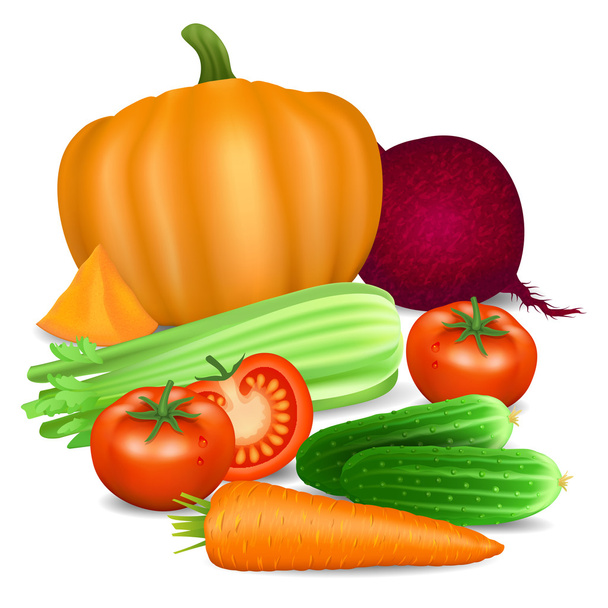 Set of vegetables. Tomato, carrot, pumpkin, cucumber, celery - Wektor, obraz