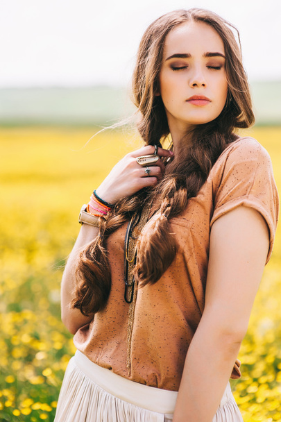 Romantic hippie girl on a field - Фото, изображение