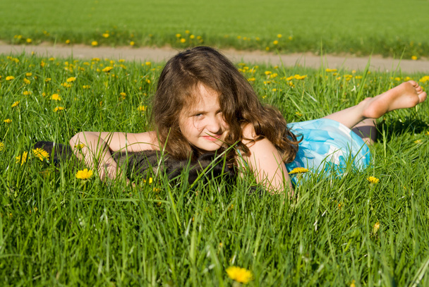meisje spelen met een hond in het gras - Foto, afbeelding