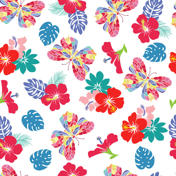 background with flower hibiscus and flying butterflies - Вектор,изображение