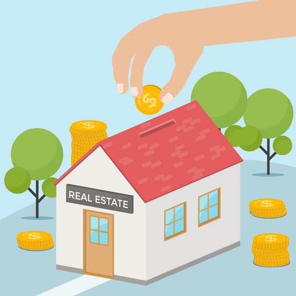 Hand putting dollar coin into a house bank. Saving money for real estate investing. Investment concept. - Vector, Image