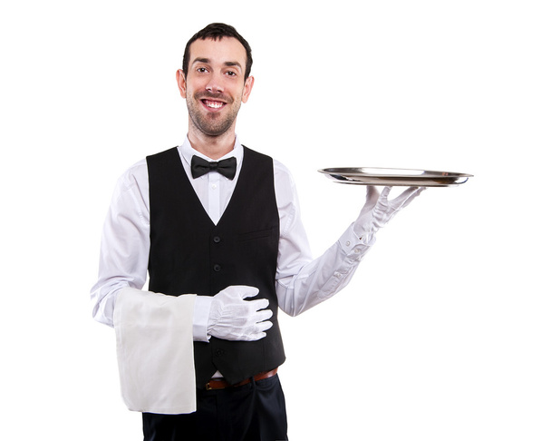 Cameriere che tiene il vassoio. Isolato su sfondo bianco. Sorridente ma
 - Foto, immagini