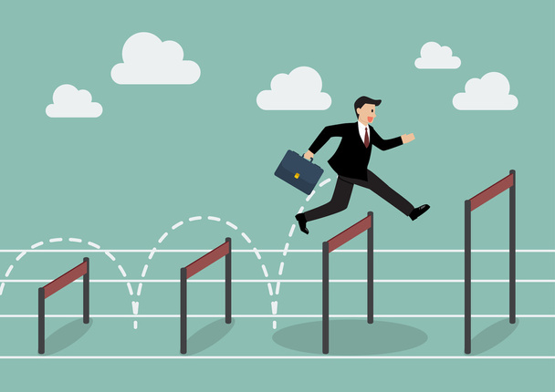 Businessman jumping higher over hurdle - Vector, Image